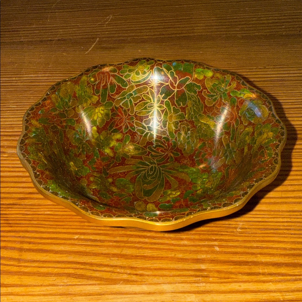 Chinese Floral Cloisonné Small Bowl with Fluted Brass Trimmed Edge